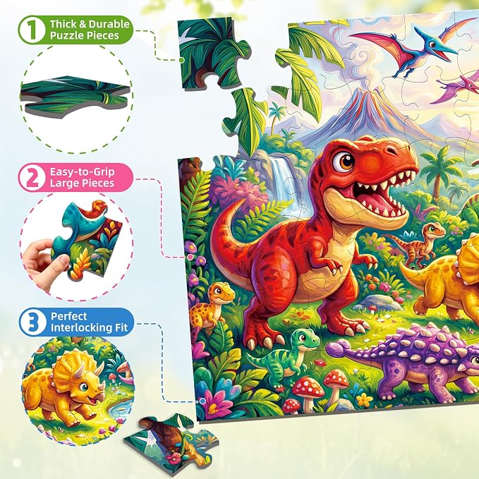 2-Pack Puzzles for Kids Ages 4-6, 60-Piece Puzzles for Kids Ages 6-8, Educational Puzzles for Boys and Girls (Dinosaurs & Construction) | 2-in-1 Dinosaur & Construction Set | Educational Puzzles for Ages 6-8, , Age-Appropriate Learning Toys, Ages 3+