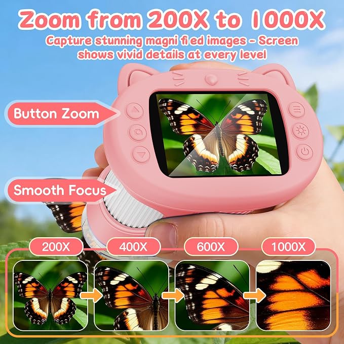 1000X Handheld Digital Microscope for Kids (Pink) | 4K HD 2.4" Screen, 200–1000X Magnification, Portable Kids Microscope, Educational STEM Toy, Gifts for Boys and Girls Age 5–12