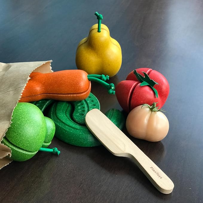 Plan Toys 3495 Wooden Toy, Wood | slicing, knife, tray, fruits and vegetables toys, pretend food, girls, boys, fine motor role play, social gift preschool