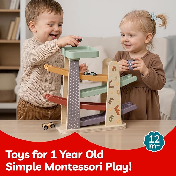 TOP BRIGHT Montessori Wooden Toys Car Ramp - 1 Year Old Boy Birthday Gift | Includes 4 Cars & Garage, Wooden Ramp Develops Motor Skills, Birthday Gift for 1+ Year Old