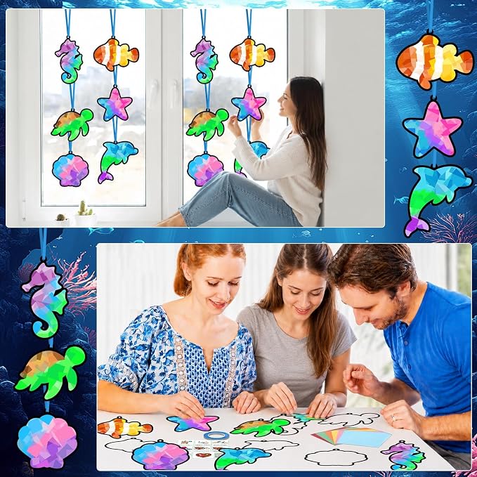 Qyeahkj 36 Set Sea Animals Suncatchers Craft for DIY Summer Tissue Paper Craft Kit Under the Sea Stained Glass Window Ornaments Decoration for Home Art Project Party Favor Gift