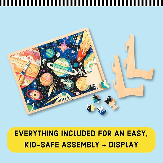 Mudpuppy Space Mission 100 Piece Wooden Puzzle for Kids, Ages 5+ | Outerspace Theme, Bright and Bold Illustrations, Sturdy Pieces, Display Stand Included, Room Décor