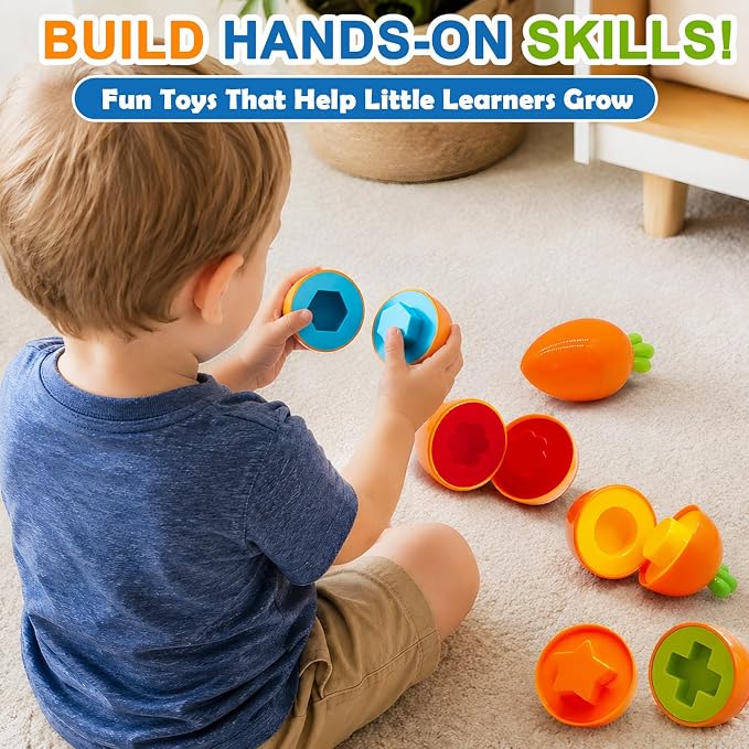 WEEJOYGAM 12PCS Carrot Matching Egg Toys for Toddlers, Montessori Toys for Baby Girl Boy Birthday Gift, Shape Sorter Color Sorting Sensory Learning Fine Motor Geometric Puzzles Game
