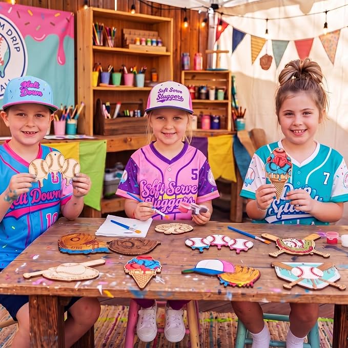 Saypacck 24 Pcs Ice Cream Drip Baseball Party Favors Wooden Paint Craft Kit | Birthday Party Supplies with Paint Brushes, Wooden Craft for Goodie Bag Fillers, Thank You Gifts with Organza Bags