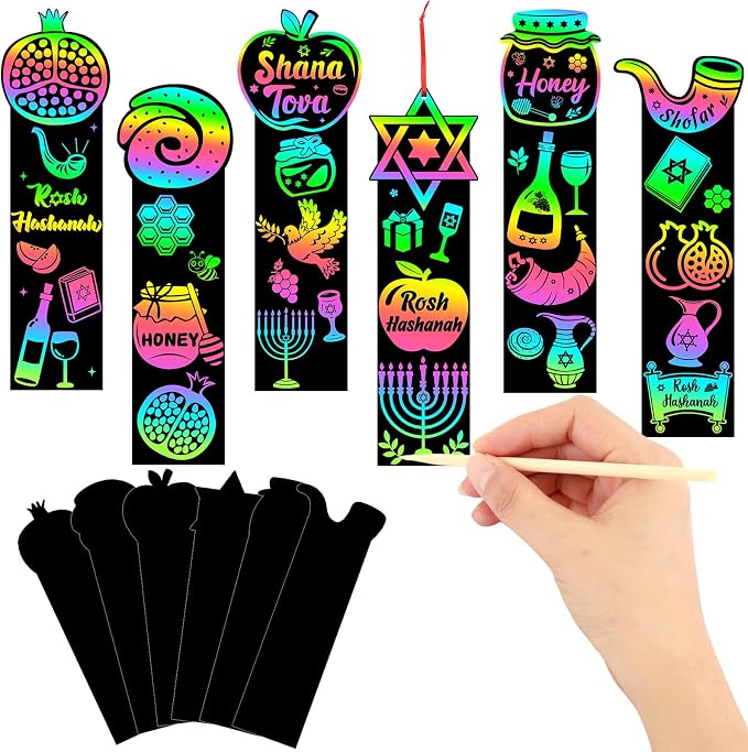 JUNEBRUSHS Rosh Hashanah Scratch Art Bookmarks 30 Pack Jewish New Year Scratch Cards Rosh Hashanah Crafts for Jewish Activities Rainbow DIY Gifts Party Supplies