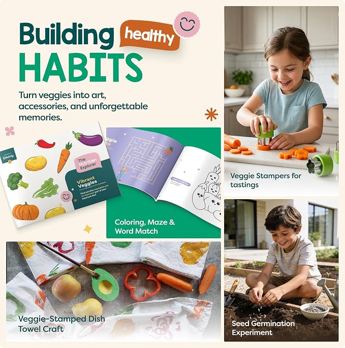 Baketivity Vibrant Veggies Kids Nutrition Kit STEM Birthday Gifts for Kids | Includes Seed Growing Kit, Recipes, Activity booklet for Hands-On, Preschool, and Homeschool Kids Learning Activities