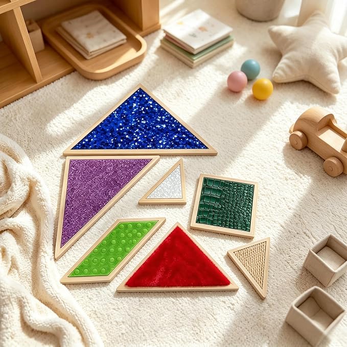 7-Piece Sensory Wall Panel Set for Kids, Modular Wooden Activity Boards with Interchangeable Textures & Sequin Flip Triangles, Fine Motor & Sensory Exploration Toys for Classroom, Daycare & Home