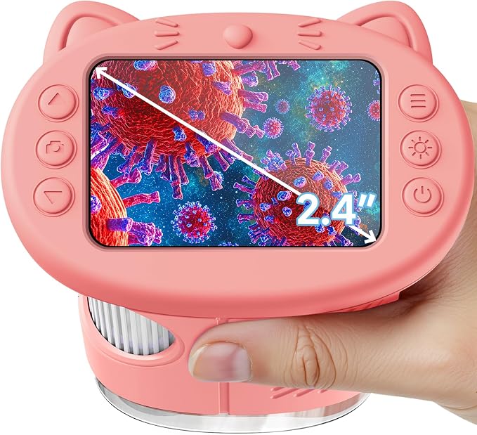 Microscope for Kids, 2.4 Inch Digital Microscope with 1000X Magnification, Handheld Camera Mini Pocket Magnifying Glass, Educational Birthday Gifts Toys for Ages 3+, Pink