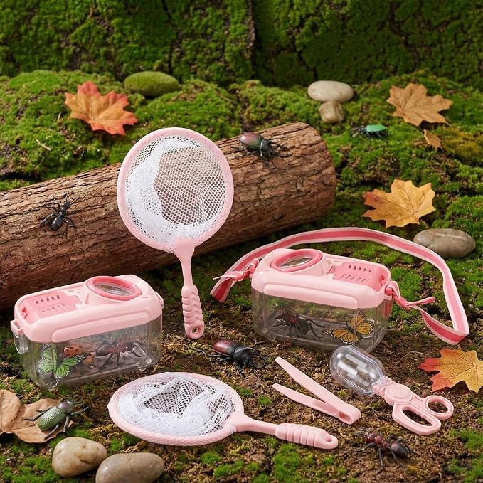 Halloscume 6 Sets Bug Catcher for Kids Students Insect Catching Kit Collector Bug Box with House, Butterfly Net, Tweezer, Cage Habitats Container Collection Explorer Gift (Pink,Green)