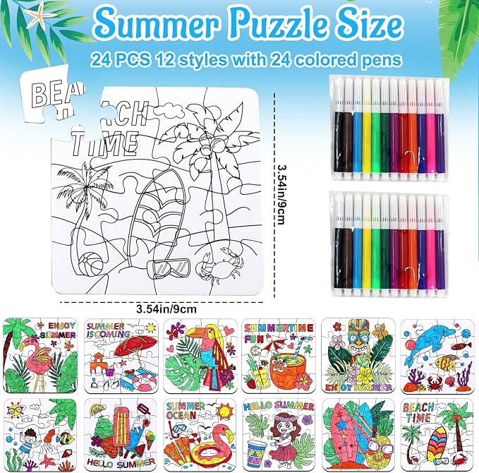 24 Set Summer Crafts for Kids Adults Bulk, Hawaiian Summer Activities DIY Puzzle Kit with Beach Tropical Palm Tree, Luau Ocean Theme Art Painting for Classroom Party Favors Gift Coloring Game Supplies