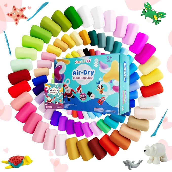 Aestd-ST Air Dry Clay 102 Colors, Modeling Clay for Kids, DIY Magic Clay | Molding Clay Kit, 4 Sculpting Tools, Resealable bags, Non-Sticky Soft, Super Light, Arts & Crafts Gift for Boys Girls Kids