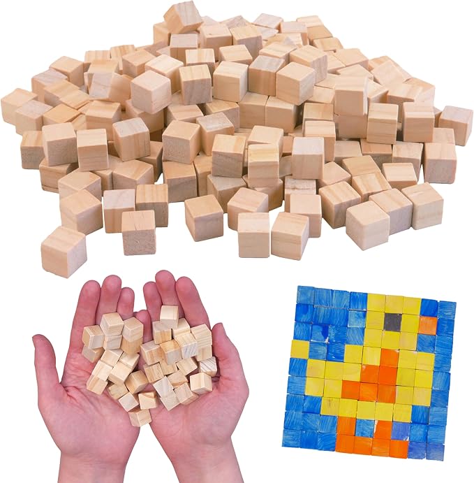 Wood Blocks, 200-Pack - Unfinished Wooden Cubes for STEM Crafts | 200 unfinished wood cubes for building, painting, and classroom STEM projects, sanded smooth