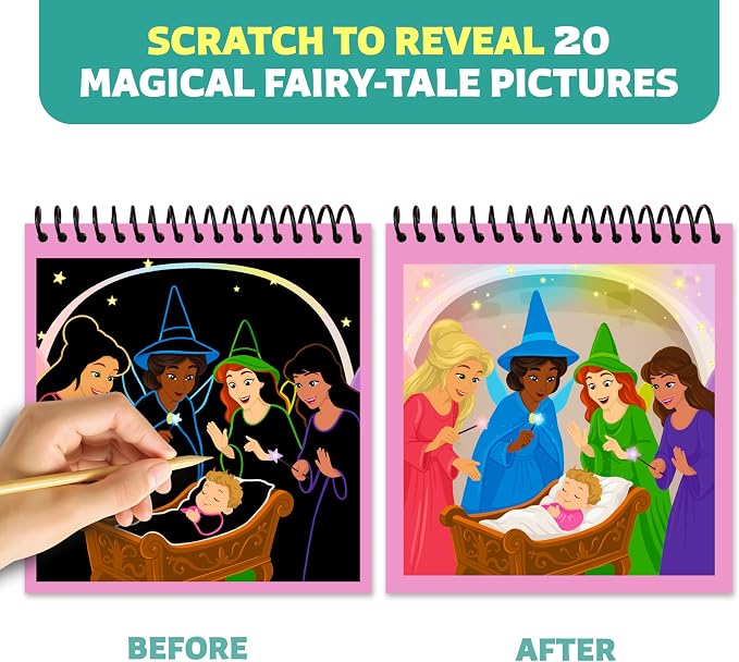 Scratch Craft Art Kit for Kids, Book with 30 Pictures & 130+ Stickers | Ages 3-8, magical fairy-tale art with black scratch-off pads, children DIY supplies, creative gift activity for boys & girls
