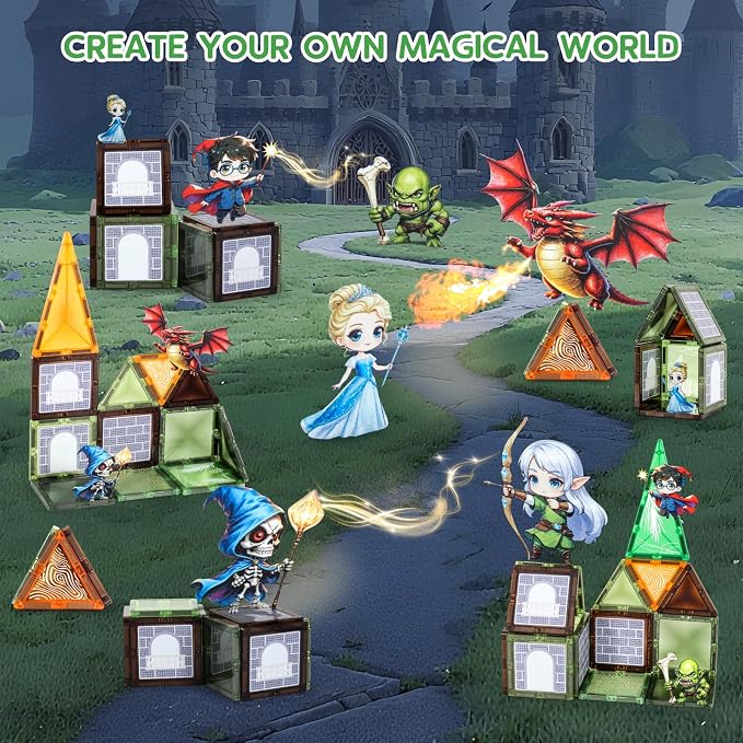 Dragon & Princess Magnetic Tiles for Kids 5-8 – Fantasy World Building Blocks with Monster, Wizard, Elf, Skeleton, STEM Toy for Boys & Girls, Christmas Birthday Gift