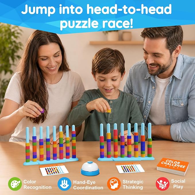 2 Pack Color Challenge Game – 2 Players Color Matching Puzzle Game, Fun Board Game for Kids 6-8-12, Adults, Party & Family Game Night, Stacking Game with 2 Stack Racks, 100 Cards, 120 Rings & Bell