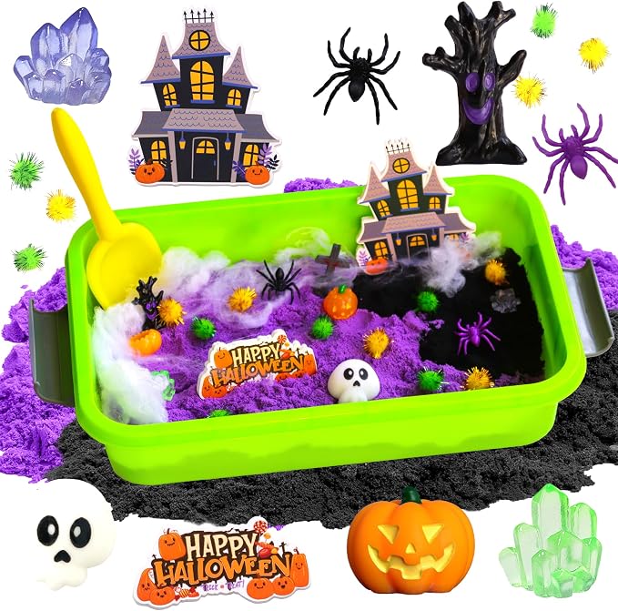 AGENTLAN Halloween Sensory Bin with Sensory Sand, Halloween Sesnory Toy | Spooky sand kit with Play Sand, gift for boys and girls ages 3-8, party activity