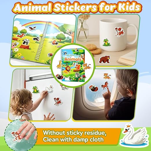 Jelly Animal Sticker Book Airplane Roadtrip Travel Toy for Kid 3-5 Year Old | Car Activities for Toddlers Reusable Sticker Scene Book Preschool Classroom Stickers Waterproof Activity Book for Toddlers