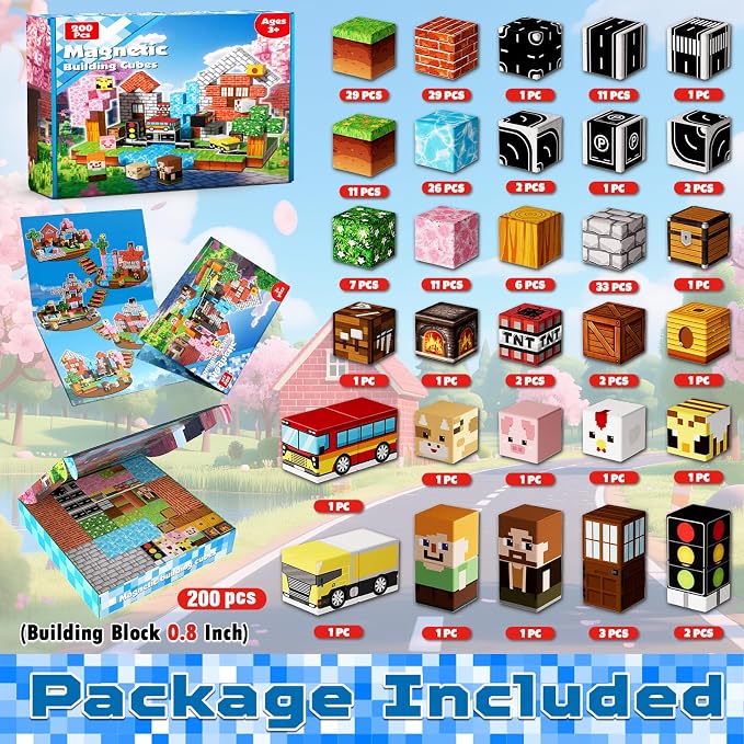 Magneverse 200 PCS 0.8in Magnetic Blocks - Magnet Toys & Magnetic Building Blocks Cubes, Stacking Magnets, STEM Toys for School Acitivities, Birthday Gifts for Boys Age 3+ Years Old (Theme: Forests)