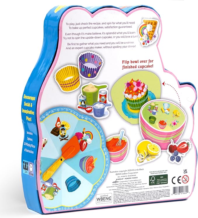 eeBoo: Cupcake Shaped Spinner Game - Animal & Baking Themed Game for Kids, Spin to Collect Ingredients, Preschool, Ages 3+, 2-4 Players