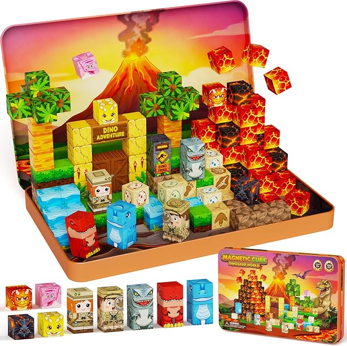 burgkidz Dinosaur Volcano Magnetic Blocks: 675g Portable Tin Case, N32 Strong Magnets, 4-Scene Storybook – Quiet STEM Travel Toy for Road Trip & Airplane, 100 PCS Building Set, Gift for Kids Ages 3-8