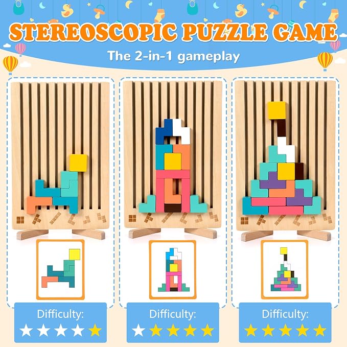 Montessori Wooden Stacking Puzzle Toy, 3D Color Stack Game for Kids Ages 3+ | 42 Solid Wood Blocks Puzzle, Smooth Edges, Logic Development, Brain Teaser, Giant Stacking Challenge Game, Preschool, Family