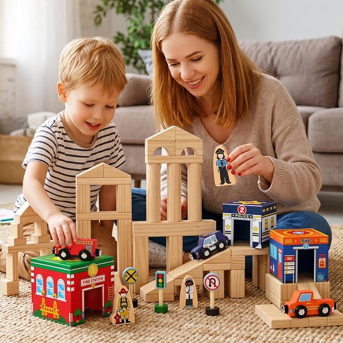 Atoylink Wooden Building Blocks for Toddlers 1-3, 108Pcs Sorting & Stacking Toys with Community Helpers & Magnetic Wooden Cars, Baby Nesting Boxes Preschool Montessori Toys for Boys Girls Gift