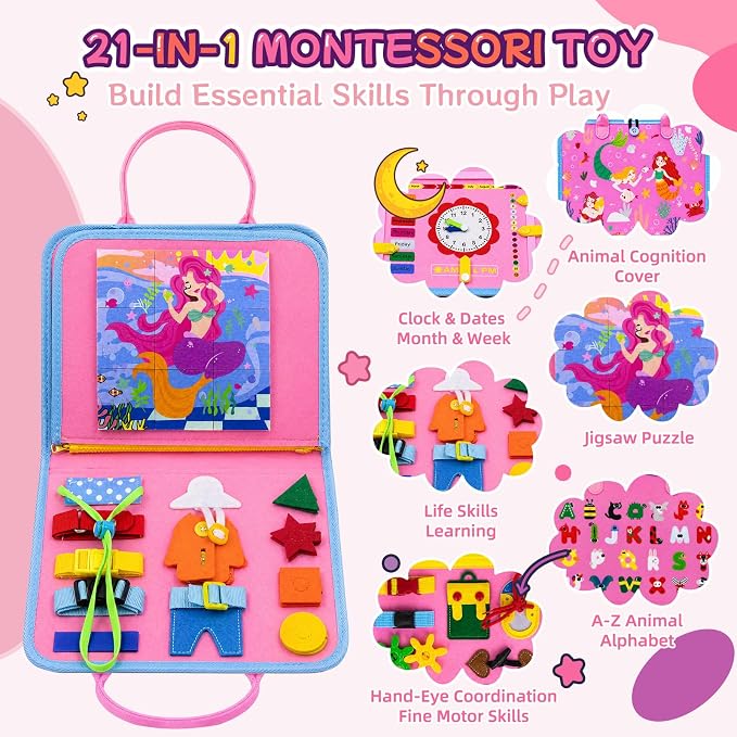 Montessori Busy Board for Toddlers 1-3, 4 Pages 15+ Activities Sensory Toy, ABC Numbers Colors Learning, Toddler Quiet Book Travel Toy, Preschool Educational Gift for Boys Girls, Pink Mermaid