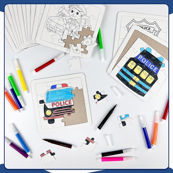 Cinrobiye 24 PCS Police Coloring Puzzle Craft Kit for Kids, DIY Officer Jigsaw Activity Set Bulk with 12 Designs, Law Enforcement Birthday Party Favors, Classroom Art Games, Creative Rewards