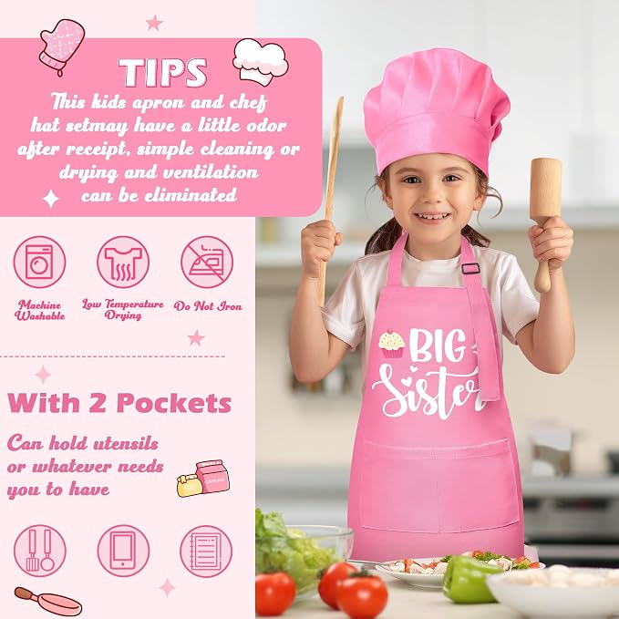 R HORSE Kids Apron and Chef Hat Set - 2Pcs Pink Big Sister Adjustable Children Kitchen Apron, Dress up Role Play Chef Toy Cooking Baking Painting and Training Kit for Girls Funny Cooking Birthday Gift