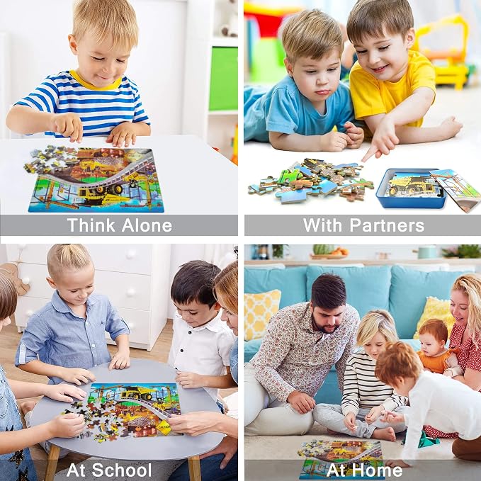 LELEMON Puzzles for Kids Ages 4-8,Construction Site 100 Piece Puzzles for Kids,Educational Kids Puzzles Jigsaw Puzzles in a Metal Box,Children 100 Piece Puzzle Games Puzzle Toys for Girls and Boys | Construction Site Kids Puzzles Jigsaw Puzzles for Kid...