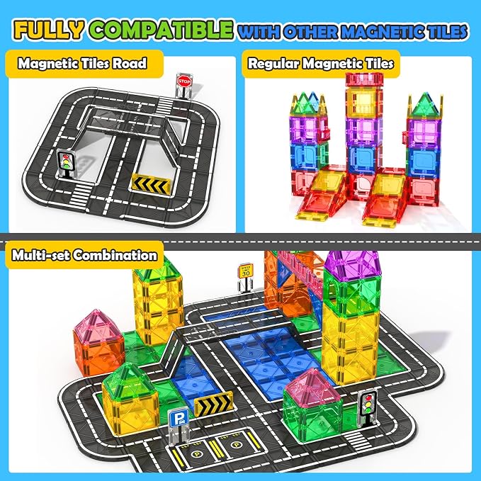 Magnetic Tiles Road with Bridge Clamp, STEM Magnetic Building Blocks for Kids, Educational Montessori Sensory Toys for Kids Ages 3-5 4-8 5-7, Gift for 3+ Year Old Boys Girls