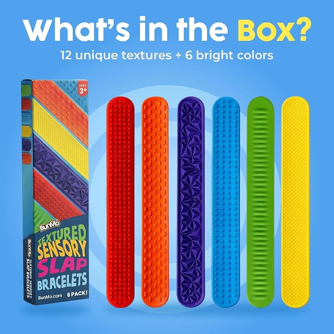 BUNMO Sensory Slap Bracelets for Toddlers 3+ – Stimulating & Addictive Textured Sensory Bracelet Fidget Toys for Boys & Girls, 6 Pack - Hours of Fun for Kids - Non-Mouthable Toy 3+