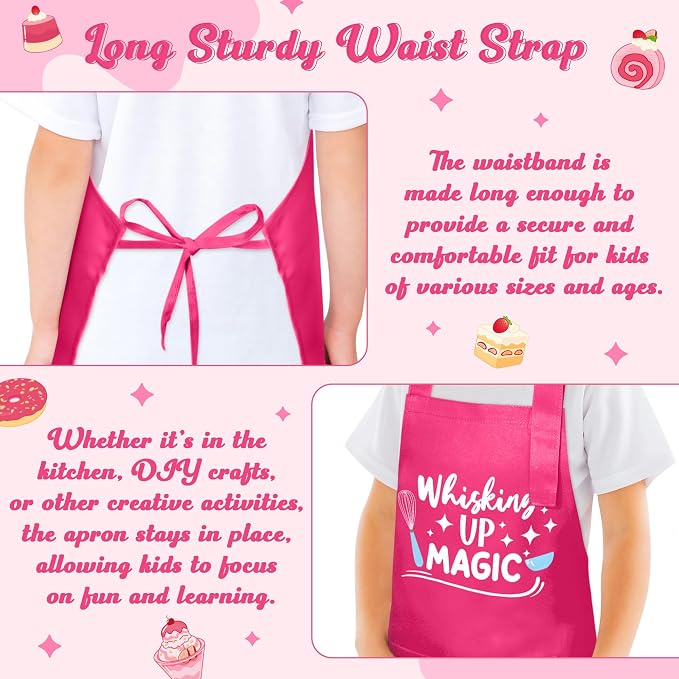 R HORSE Kid Apron and Chef Hat Set 2Pcs Adjustable Rose Pink Children Kitchen Apron, Waterproof Dress up Role Play Chef Toy Funny Cooking Baking Painting and Training Kits for Kids Birthday Party Gift