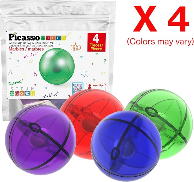PicassoTiles 4pc Marbles for Magnetic Block Tiles Marble Run Race Track Magnet Building Tile Blocks Racetrack Maze Construction Toys Creative Toy Girls Boys 3 and Up Early Education STEM Learning Kit