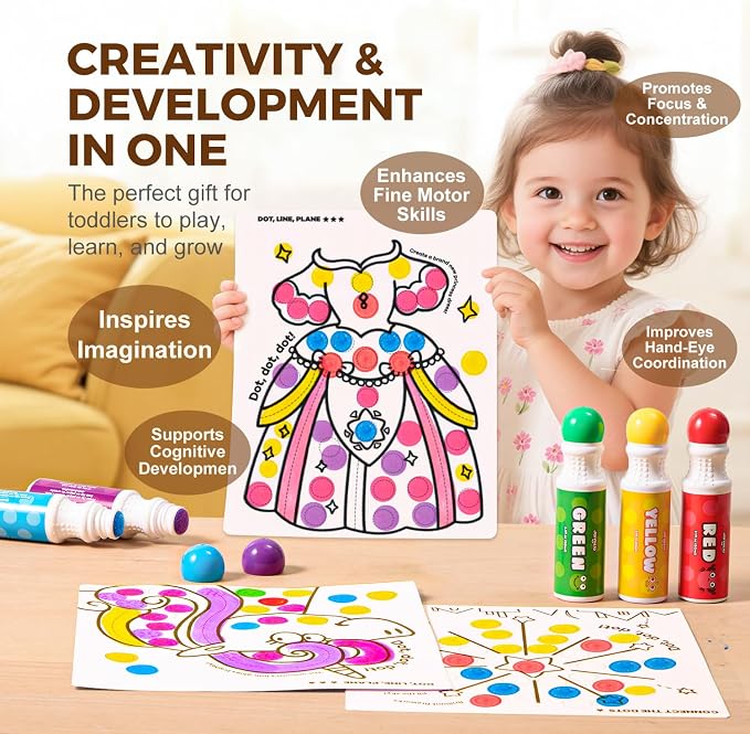 Jar Melo Washable Dot Markers for Toddlers, 12 Colors, Large 60ML | Dot Paints with 120+ Printed Coloring PDF & 20 Activity Papers, Non-Toxic Bingo Markers for Kids Arts and Crafts Gifts