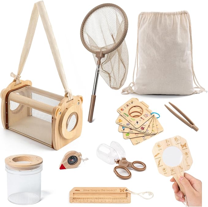 11Pcs Wooden Bug Catcher for Kids, Outdoor Explorer Bug Catching Kit | Butterfly Net for Kids with Bug Habitat, Magnifying Glass & STEM Guide, Adventure Set for Backyard & Camping 3+ Years