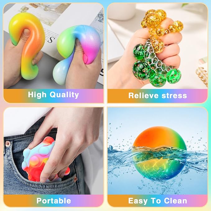 Stress Balls 8 Pack for Adults and Kids, Squeeze Squishy Fidget Toys | Sensory Toys for kids with Autism, Squishy Fidget Toys for Stress and Anxiety Relief, Prize for Classroom