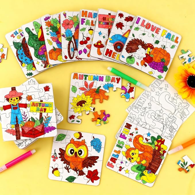 Thanksgiving Fall Arts & Crafts for Kids, Autumn Activity Kit Blank Puzzle | 24 Set Thanksgiving Jigsaw Pumpkin Turkey for Fall Harvest Party Favors Classroom Gifts DIY Coloring Games Toys Supplies Bulk