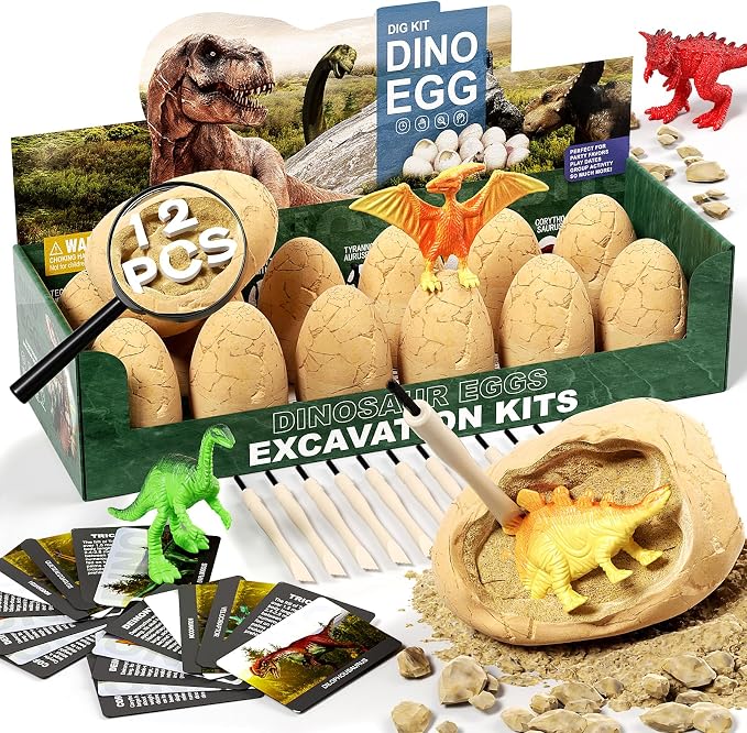 12 Dinosaur Eggs Dig Kit Toys for Kids, Excavation Kit with Magnifier | Easter Basket Stuffers, Science STEM Birthday Party Favors, Gifts for Boys Girls Age 3 4 5 6 7 8 9 10 + Years Old