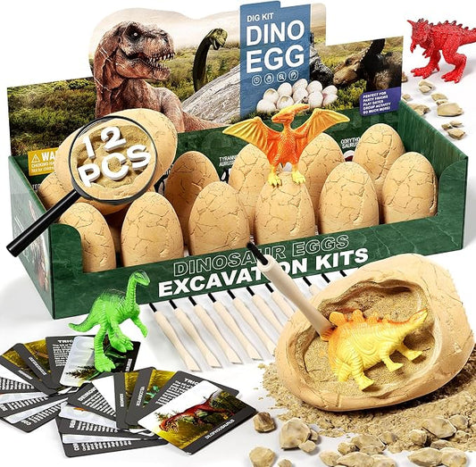 12 Dinosaur Eggs Dig Kit Toys for Kids, Excavation Kit with Magnifier | Easter Basket Stuffers, Science STEM Birthday Party Favors, Gifts for Boys Girls Age 3 4 5 6 7 8 9 10 + Years Old