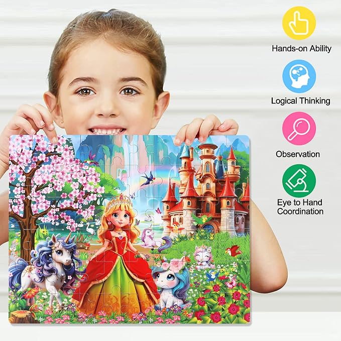 LELEMON 60 Pieces Jigsaw Puzzles for Kids Ages 4-8 Princess and Unicorns Puzzles Boys Girls Children Learning Educational Puzzles Portable Box Pack Toy