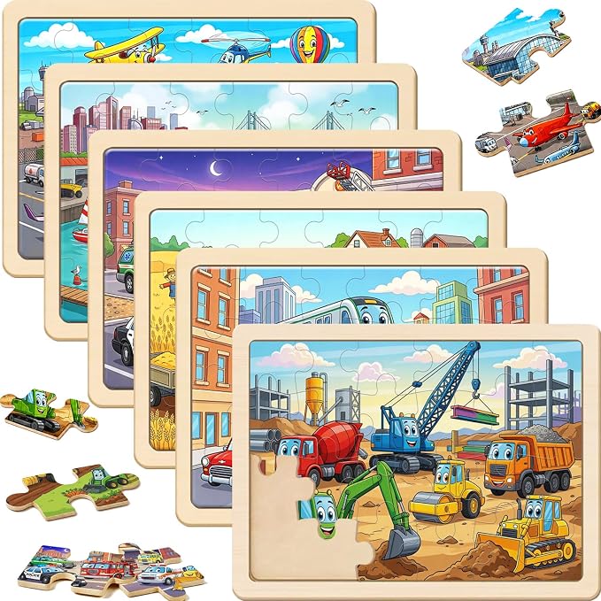 Puzzles for Kids Ages 3-5, Wooden Jigsaw Puzzles 24 Pieces 6 Pack | Vehicle Transportation Puzzle Set, Educational Learning Toys, Christmas Birthday Gifts for Boys Girls