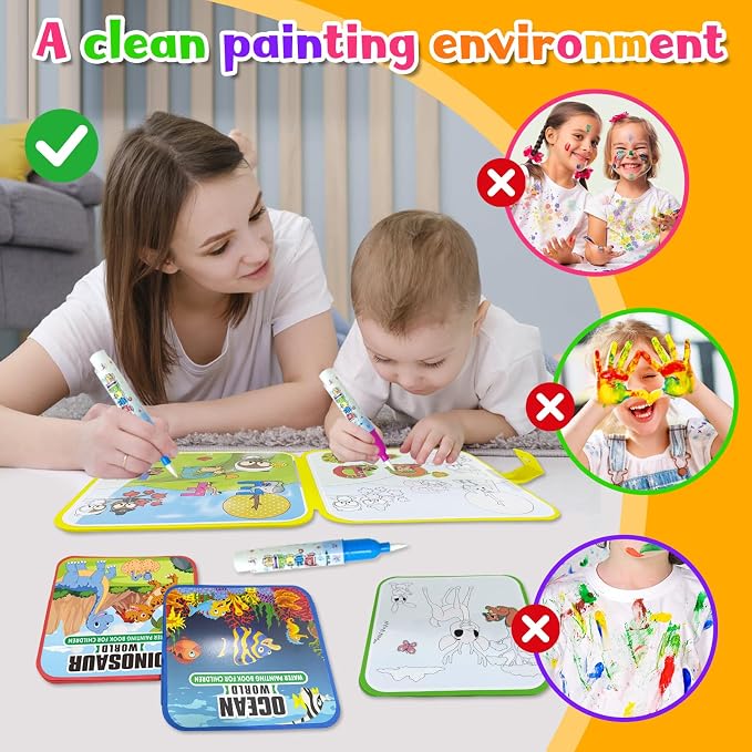 Bresdim Water Coloring Book, 4 Pack Water Painting Books for Toddlers 1-3 | Reusable Fairy Tale Animal Mess Free Coloring Book with Water Pen, Magic Paint with Water Book Travel Toy for Kid 3–6