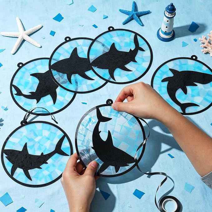 Qyeahkj 36 Set Shark Suncatchers Crafts Under the Sea Suncatchers Craft Ocean Fish Tissue Paper Kit Summer Fish Tissue Paper kit Window Hanging Decoration for Home Art Project Party Favor Gift