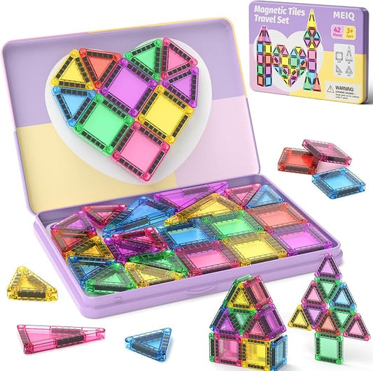42PCS Magnetic Tiles Travel Storage Mini STEM Blocks Iron Box 3-8 | Portable Montessori educational magnetic building tiles for airplane, car rides & on-the-go creative play, durable and fun