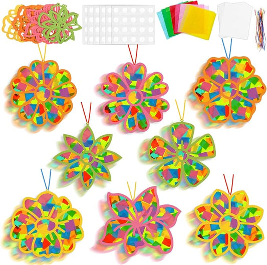 Lonfliness 32 Sets Flower Spring Suncatchers Crafts Kit DIY Floral Window Stained Glass Effect Paper Spring Home Decoration Art Craft Creative Activity Project Gift Favor