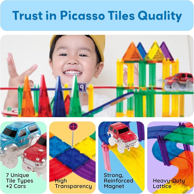 PicassoTiles 100 Piece Magnetic Tiles Race Track Toy Creative Building Set | Ages 3+, premium BPA-free materials, promotes hand eye coordination, sharpens fine motor control, boosts spatial logic skills