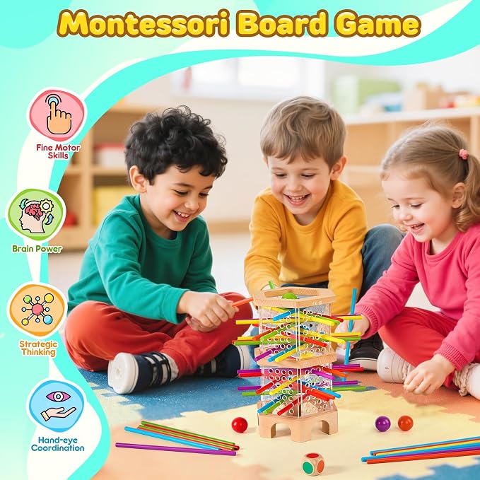 Montessori Wooden Board Game with 42 Sticks & Dice for Kids Ages 3-6 | Math Learning Toys Fine Motor Skills & Counting Educational Toy, Family Travel Game Birthday Gifts for Boys Girls