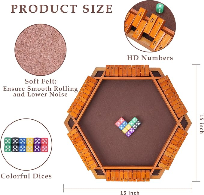 Shut The Box Dice Game – Vintage Wooden Board for 1-6 Players | Classic Strategy & Tabletop Game For Adults & Kids. Fun For Family, Classroom, Home, Party, Or Pub. Vintage Wooden Board Game