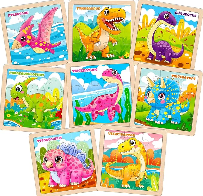 Wooden Dinosaur Puzzles for Toddlers, 8 Pack 9 PCS Jigsaw Puzzles for Kids | Wooden Puzzles for Toddlers 3-5, Dinosaur Toys for Kids 3-5, Preschool Puzzles Learning Educational Sets Toys